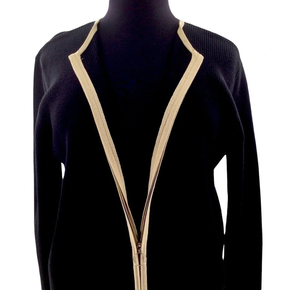 Lane Bryant Ribbed Crew Neck Black and Beige‎ Zip Front Cardigan